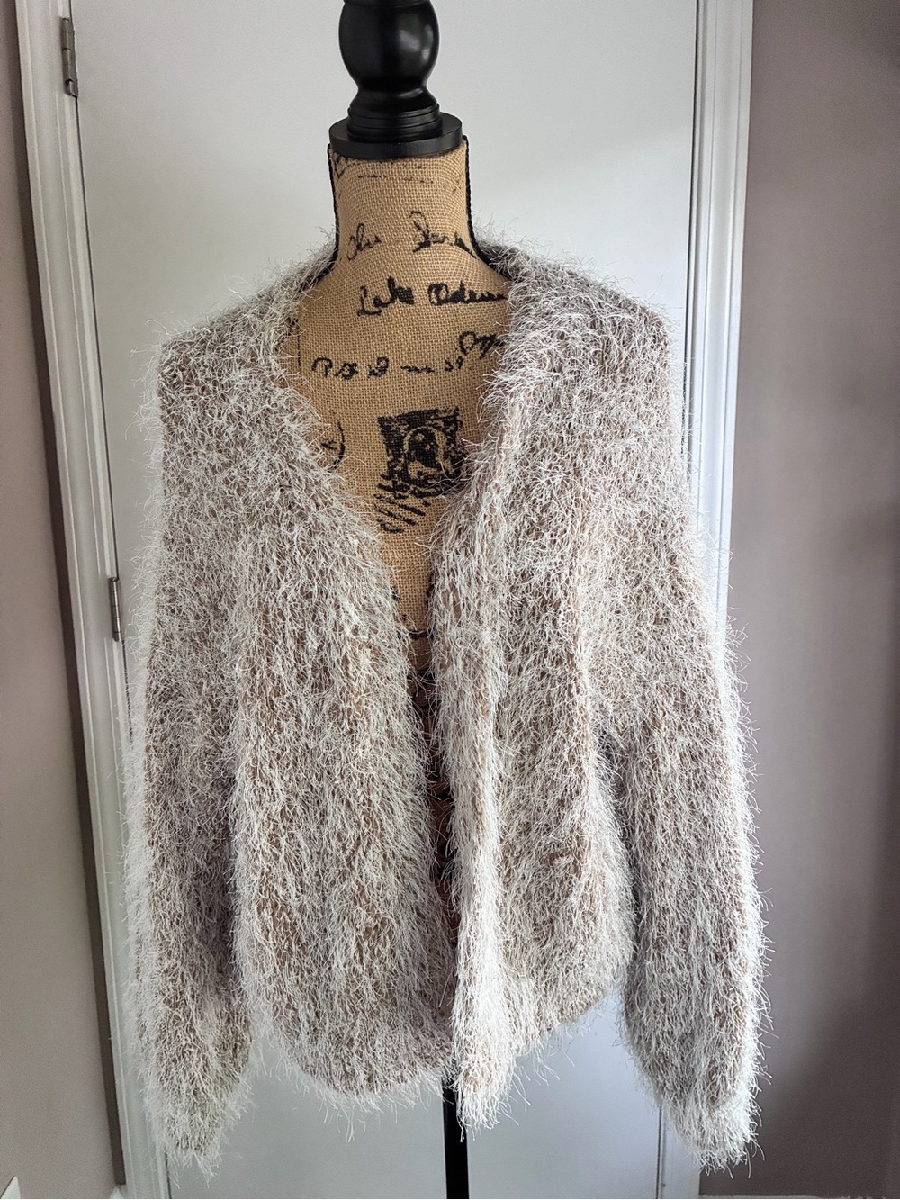 SHEIN Fuzzy Open-Front Cardigan in Cream Brown Mix